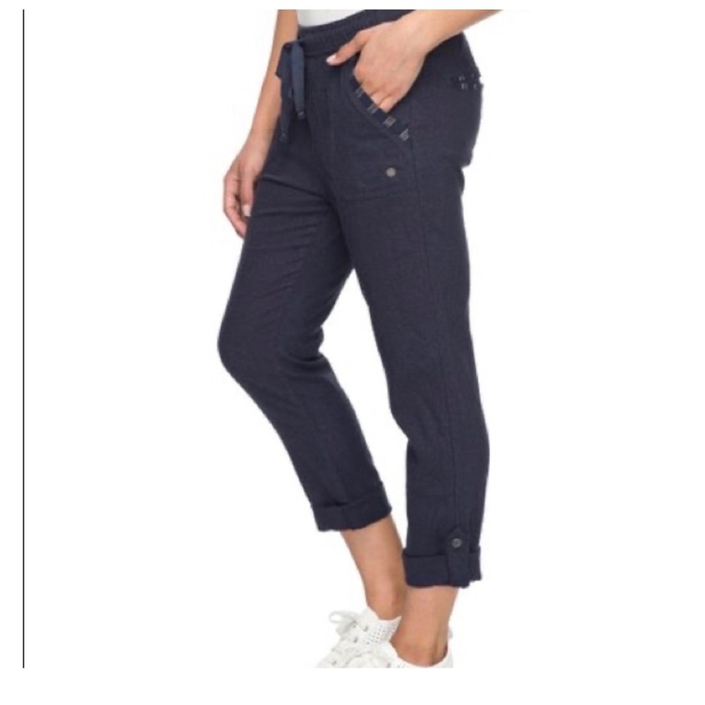 Roxy Womens XL Navy Blue Linen Blend Drawstring Roll Tab Pants Beach